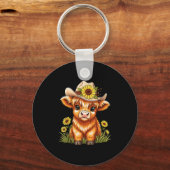Cute Highland Cow Sunflower Farm Scottish Highland キーホルダー (正面)