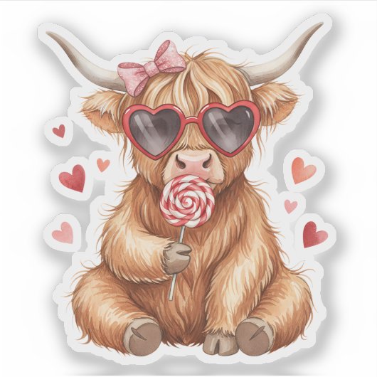 Cute Highland Cow Valenti Custom-Cut Vinyl Sticker シール (正面)