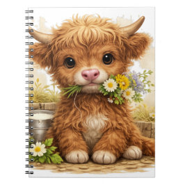 Cute Highland Cow with Flowers Kawaii Farm Cottage ノートブック