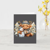 Cute Highland Cow With Snowman Hot Cocoa Christmas カード (黄色い花)