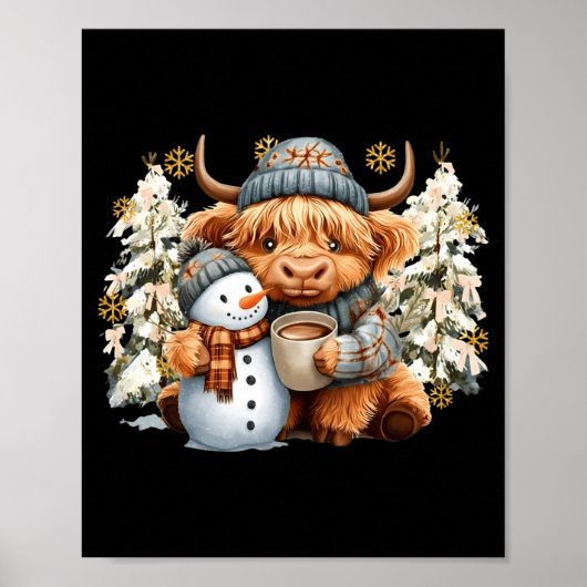 Cute Highland Cow With Snowman Hot Cocoa Christmas ポスター (正面)