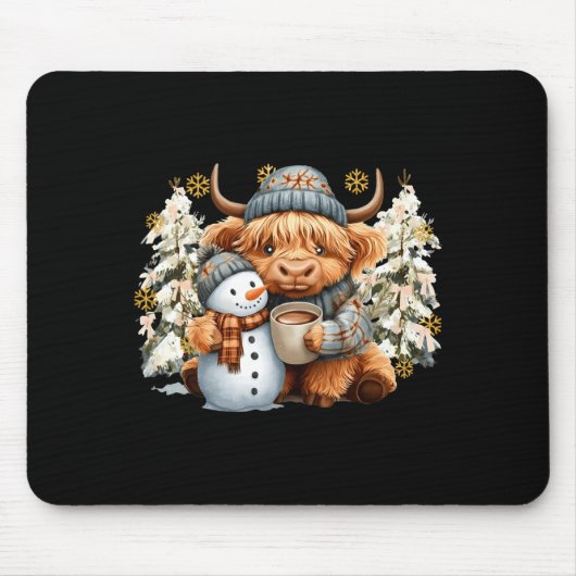 Cute Highland Cow With Snowman Hot Cocoa Christmas マウスパッド (正面)