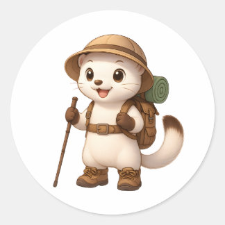 Cute Hiking Okojo Sticker – Japanese Stoat Adventu ラウンドシール