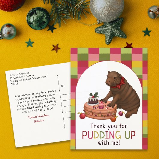 Cute Hippo and Pudding Funny Christmas Thank You シーズンポストカード