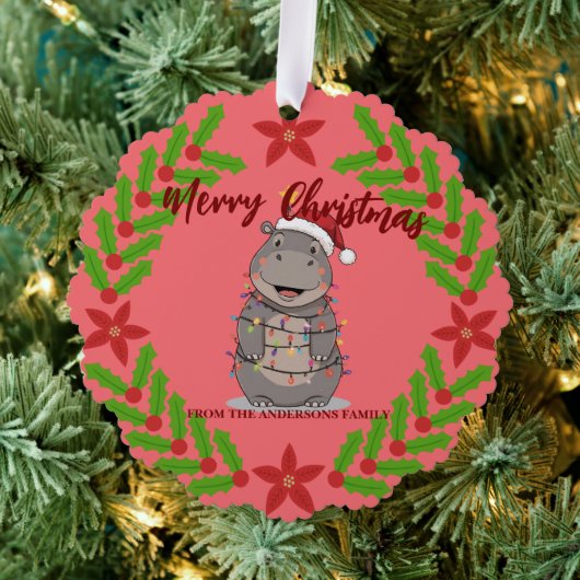 Cute Hippo christmas tree zoo animal Xmas Wealth f オーナメントカード (インサイチュ (木))