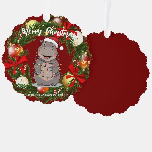 Cute Hippo christmas tree zoo animal Xmas Wealth f オーナメントカード (正面/裏面)