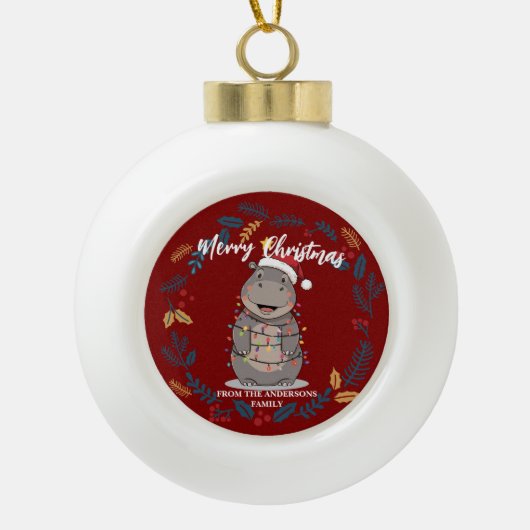 Cute Hippo christmas tree zoo animal Xmas Wealth f セラミックボールオーナメント (正面)