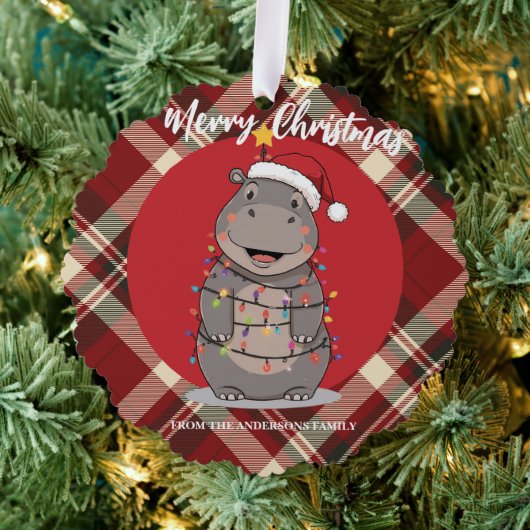 Cute Hippo Christmas tree zoo safari Xmas plaid pa オーナメントカード (インサイチュ (木))