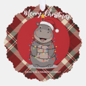 Cute Hippo Christmas tree zoo safari Xmas plaid pa オーナメントカード (正面)