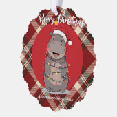 Cute Hippo Christmas tree zoo safari Xmas plaid pa オーナメントカード (左)