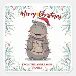 Cute Hippo Christmas tree zoo safari Xmas plaid pa スクエアシール
