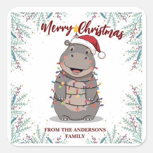Cute Hippo Christmas tree zoo safari Xmas plaid pa スクエアシール (正面)