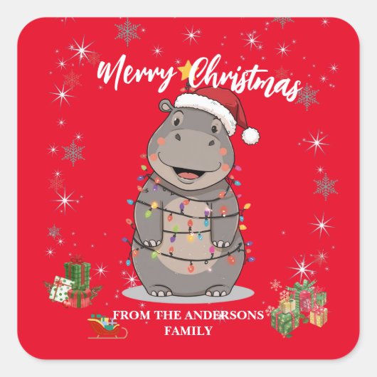 Cute Hippo Christmas tree zoo safari Xmas plaid pa スクエアシール (正面)
