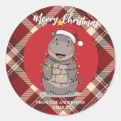 Cute Hippo Christmas tree zoo safari Xmas plaid pa ラウンドシール (正面)