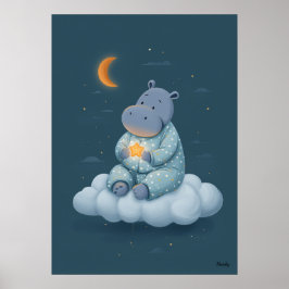 Cute Hippo on Cloud Nursery Bedtime ポスター