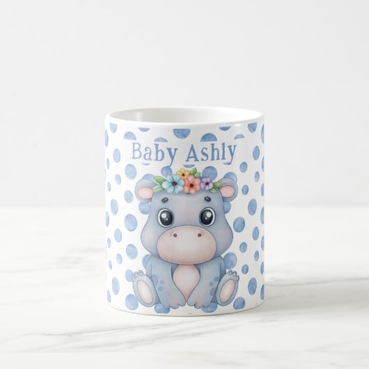 Cute hippo with baby name blue polka dots コーヒーマグカップ (中央)