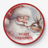 Cute Holiday Party Plates Santa and Rudolph ペーパープレート (正面)