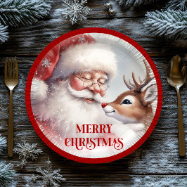 Cute Holiday Party Plates Santa and Rudolph ペーパープレート