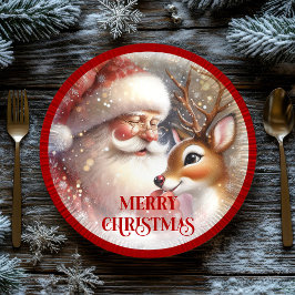 Cute Holiday Plates with Cartoon Santa and Rudolph ペーパープレート