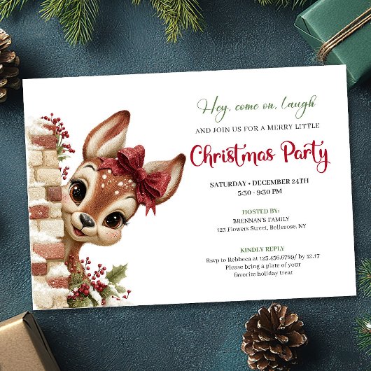Cute holiday reindeer peeking kids event invite 招待状