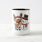 Cute Holiday Reindeer & Snowman ツートーンマグカップ (中央)