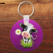 Cute Holstein cow in grass over purple キーホルダー (正面)