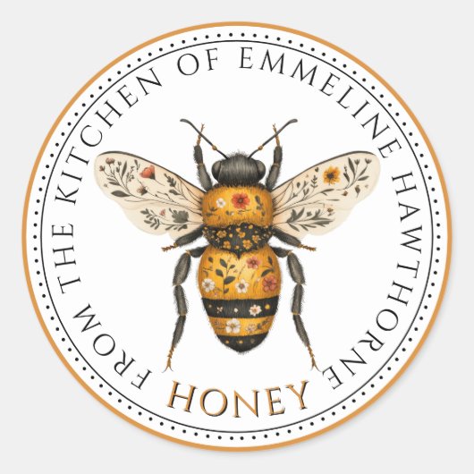 Cute Honey Bee Floral Honey Label ラウンドシール (正面)
