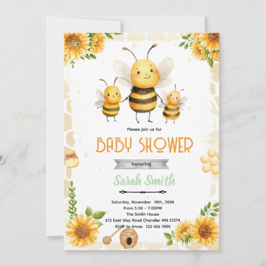 Cute honey bee party theme invitation 招待状 (正面)