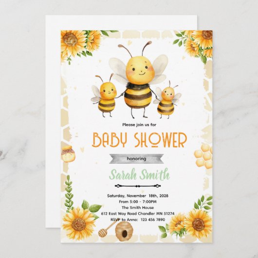Cute honey bee party theme invitation 招待状 (正面/裏面)