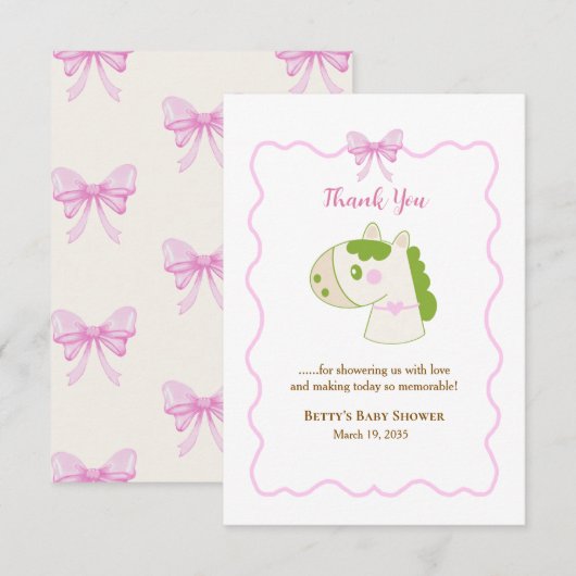 Cute Horse Pink Bow Personalized Girl Baby Shower  サンキューカード (正面/裏面)