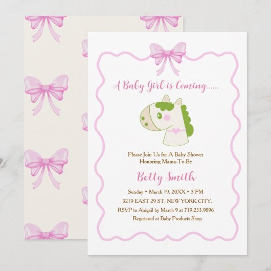Cute Horse Pink Bow Personalized Girl Baby Shower  招待状 (正面/裏面)
