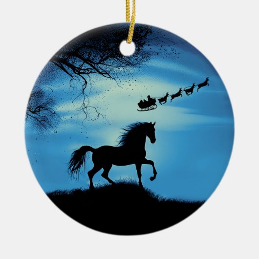 Cute Horse Santa and Reindeer Sleigh Christmas セラミックオーナメント (正面)