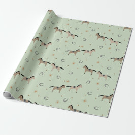 Cute Horses & Horseshoes Kids Birthday Sage Green ラッピングペーパー