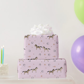 Cute Horses & Horseshoes Kids Birthday Soft Pink ラッピングペーパー