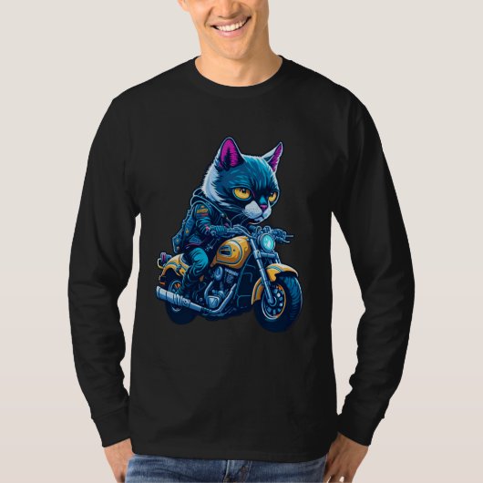 Cute house cat riding on a motorcycle  Christmas   Tシャツ (正面)