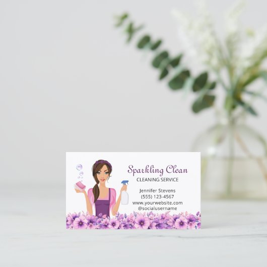 Cute House Cleaning Service Maid Floral 名刺 (スタンド正面)