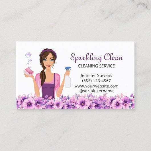 Cute House Cleaning Service Maid Floral 名刺 (正面)
