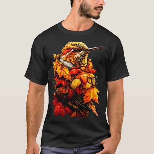 Cute Hummingbird Fall Leaves Forest Vibes Autumn A Tシャツ (正面)