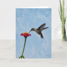Cute Hummingbird Hovering on Pink Flower Note Card カード