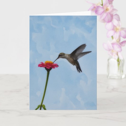 Cute Hummingbird Hovering on Pink Flower Note Card カード (蘭)
