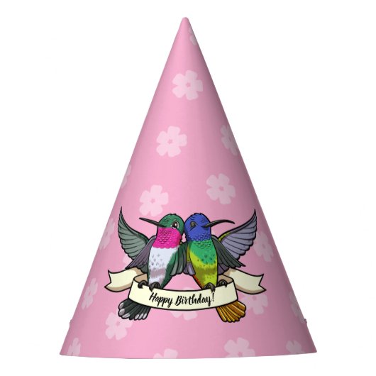 Cute Hummingbirds Happy Birthday! Ribbon Cartoon パーティーハット (正面)