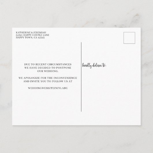 Cute Humorous Wedding Postponement ポストカード (裏面)