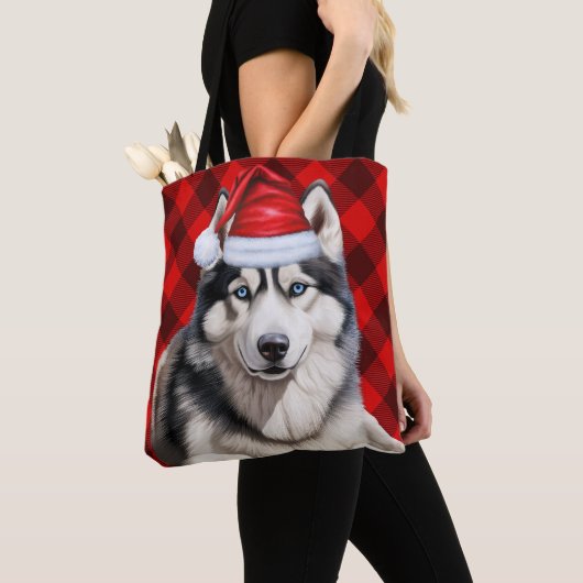 Cute Husky Christmas Dog Red Buffalo Plaid トートバッグ (クローズアップ)