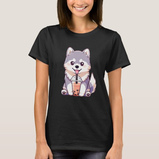 Cute Husky Dog Drinking Bubble Milk Tea  Dog Tシャツ (正面)