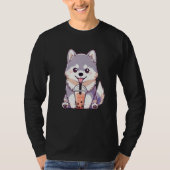 Cute Husky Dog Drinking Bubble Milk Tea  Dog Tシャツ (正面)