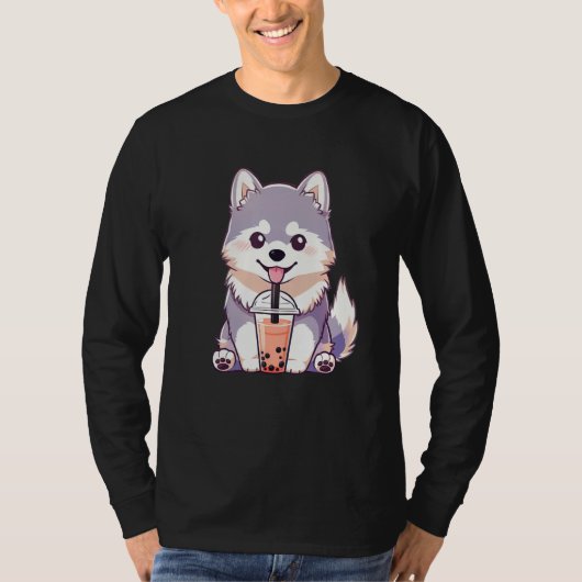 Cute Husky Dog Drinking Bubble Milk Tea Dog Tシャツ (正面)