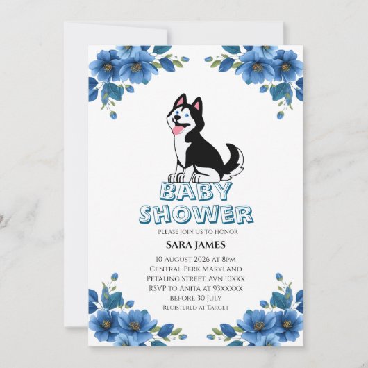  Cute Husky Dog Floral Baby Shower Invitation 招待状 (正面)
