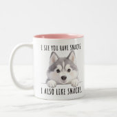 Cute Husky Dog Snacks Quote Funny Minimalist ツートーンマグカップ (左)