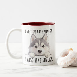 Cute Husky Dog Snacks Quote Funny Minimalist ツートーンマグカップ