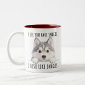 Cute Husky Dog Snacks Quote Funny Minimalist ツートーンマグカップ (左)